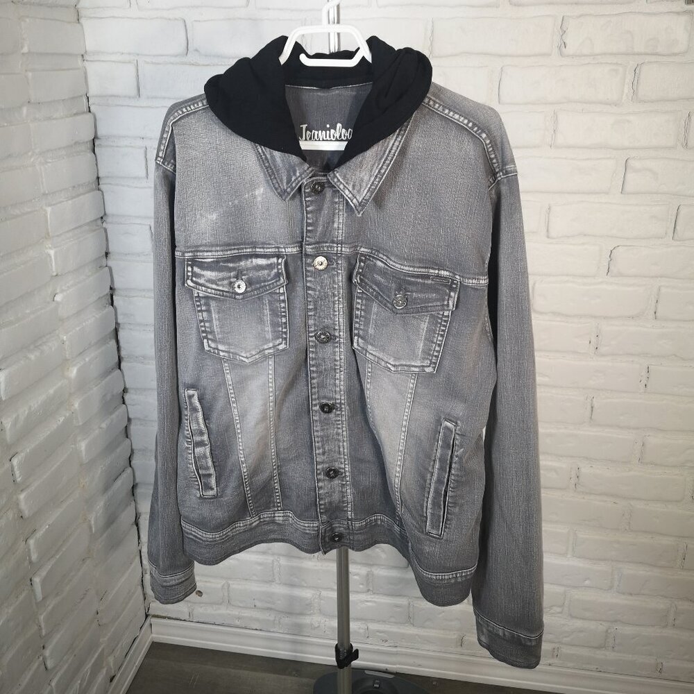 Jeaniologie Men's Size Large Button Front & Cuffs Grey Denim Jacket with Hood